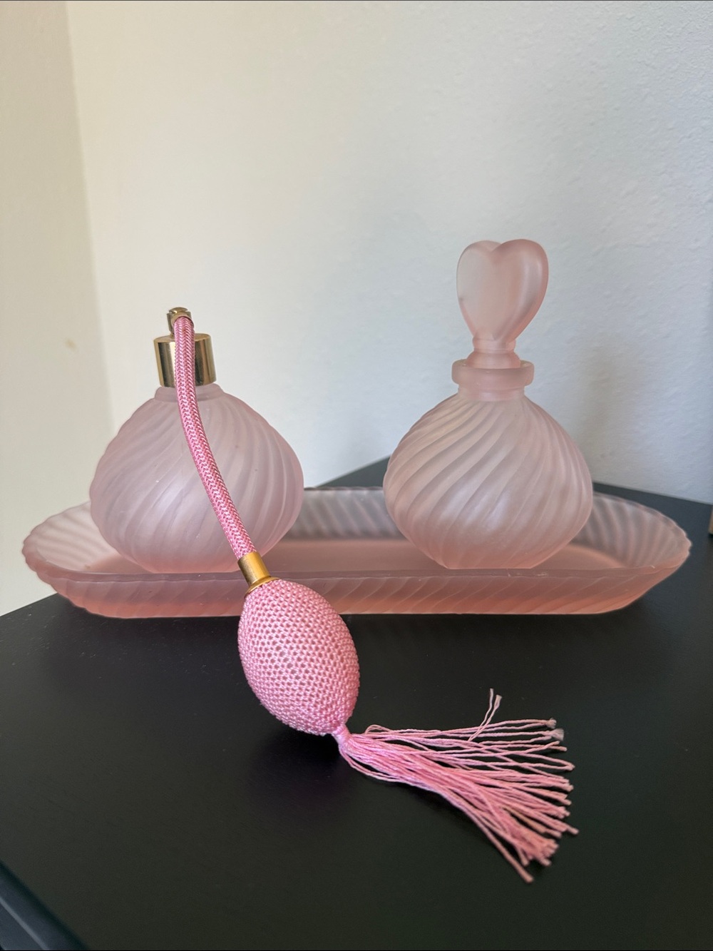 Frosted Pink Glass Perfume Set with Heart Stopper & Atomizer Decor